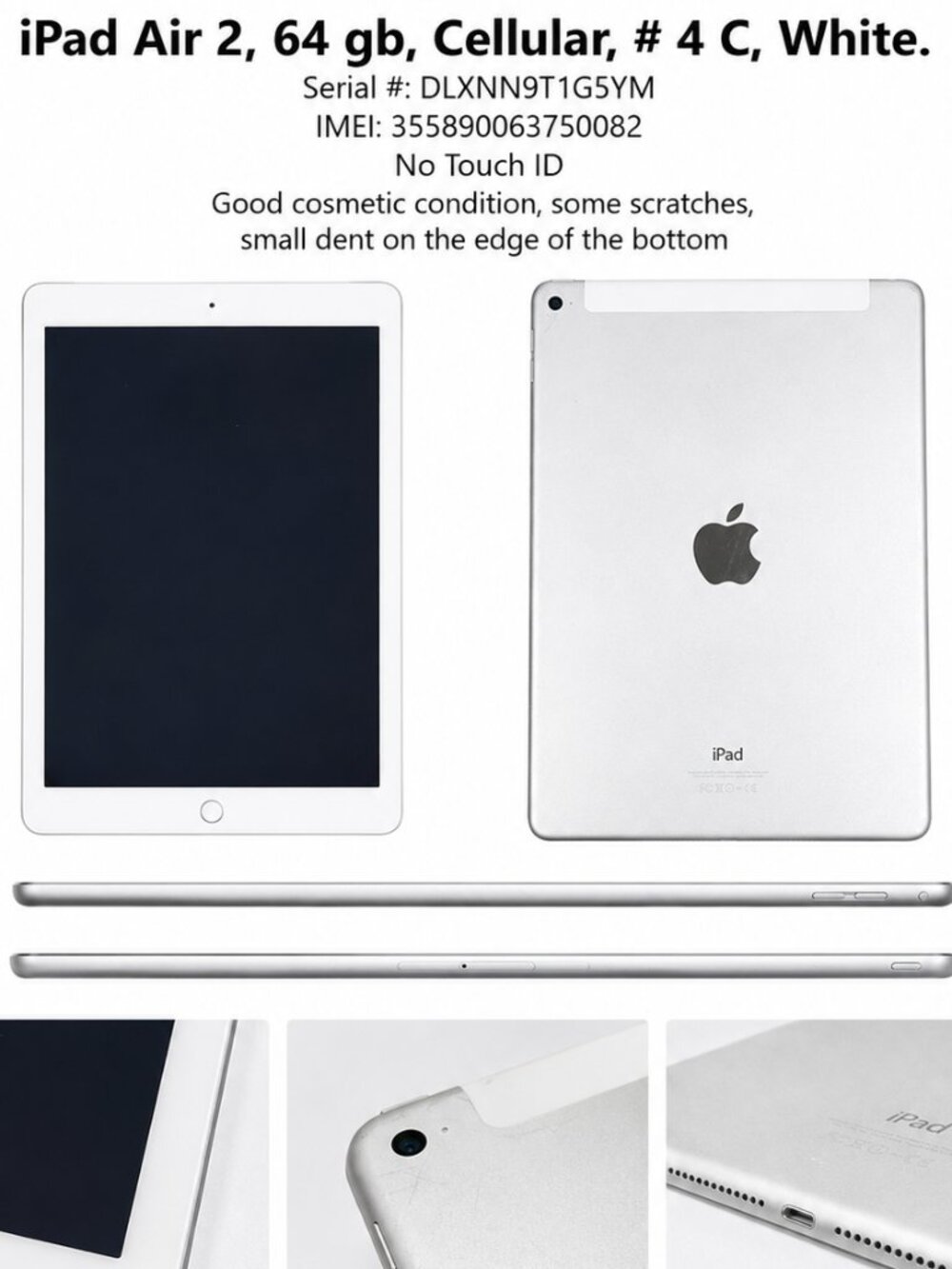 iPad Air 2 64GB Cellular White Fully Functional No Touch ID #4C